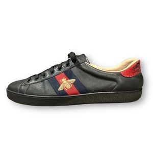 GUCCI ACE Bee Black Leather Low Top Sneakers w/Red/Blue Sylvie Web  US size 9.5